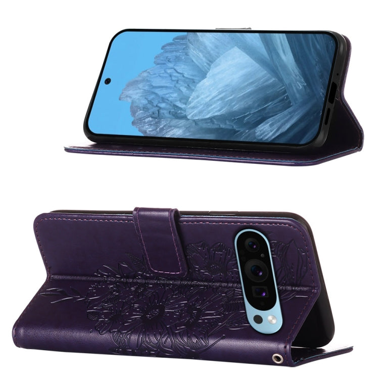 For Google Pixel 9 Embossed Butterfly Leather Phone Case(Dark Purple) - Google Cases by buy2fix | Online Shopping UK | buy2fix