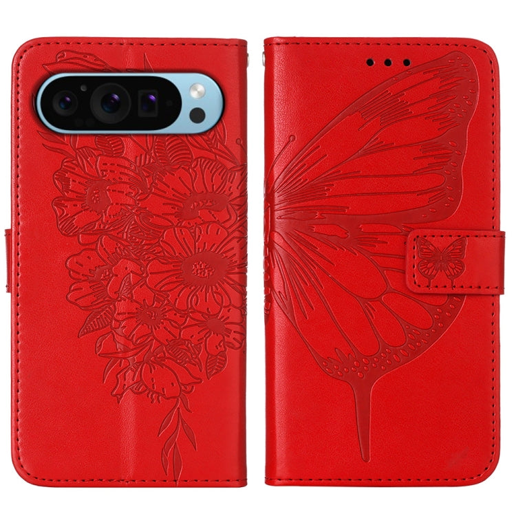 For Google Pixel 9 Embossed Butterfly Leather Phone Case(Red) - Google Cases by buy2fix | Online Shopping UK | buy2fix