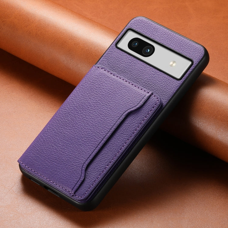 For Google Pixel 7a Calf Texture Card Bag Design Full Coverage Phone Case(Purple) - Google Cases by buy2fix | Online Shopping UK | buy2fix