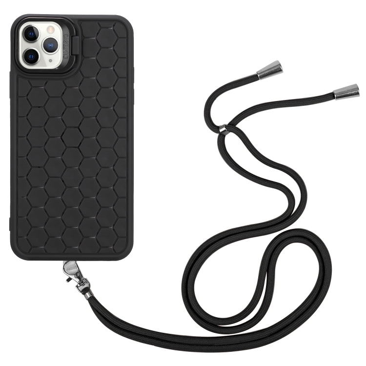 For iPhone 15 Pro Max Honeycomb Radiating Lens Holder Magsafe Phone Case with Lanyard(Black) - iPhone 15 Pro Max Cases by buy2fix | Online Shopping UK | buy2fix