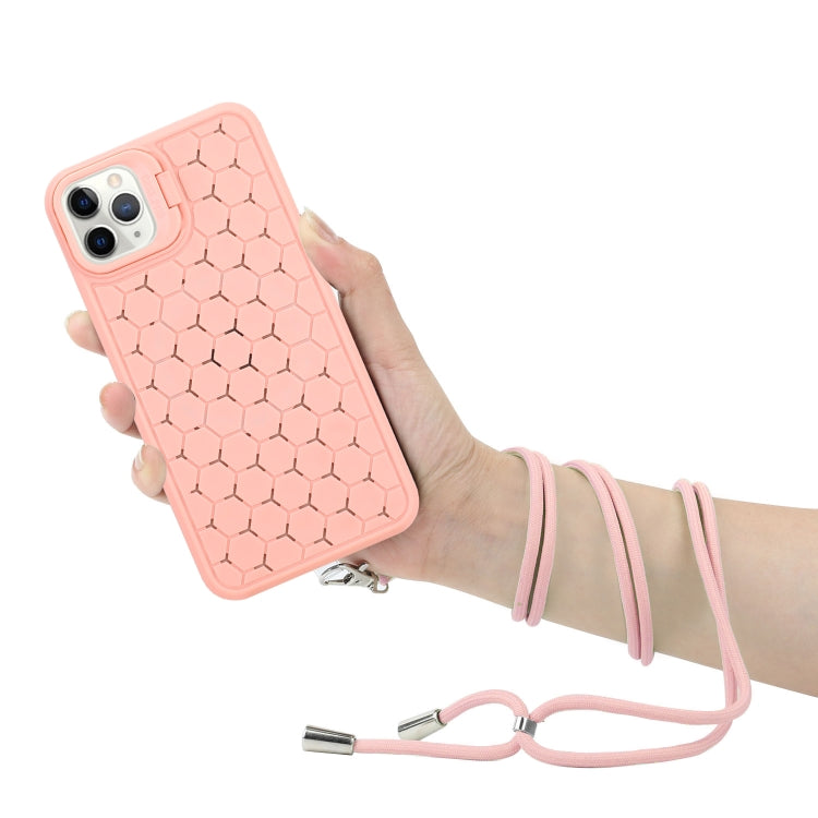 For iPhone 14 Pro Max Honeycomb Radiating Lens Holder Magsafe Phone Case with Lanyard(Pink) - iPhone 14 Pro Max Cases by buy2fix | Online Shopping UK | buy2fix