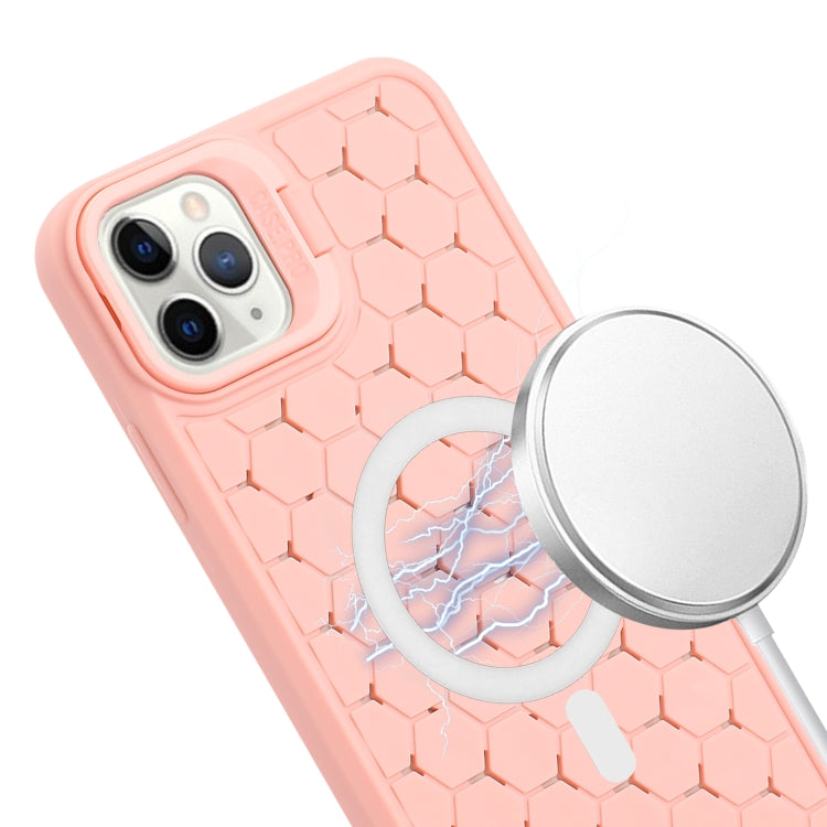 For iPhone 14 Pro Max Honeycomb Radiating Lens Holder Magsafe Phone Case with Lanyard(Pink) - iPhone 14 Pro Max Cases by buy2fix | Online Shopping UK | buy2fix