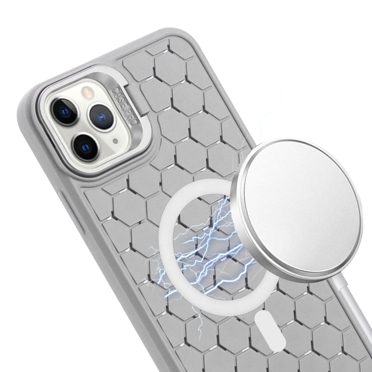 For iPhone 11 Pro Max Honeycomb Radiating Lens Holder Magsafe Phone Case with Lanyard(Grey) - iPhone 11 Pro Max Cases by buy2fix | Online Shopping UK | buy2fix