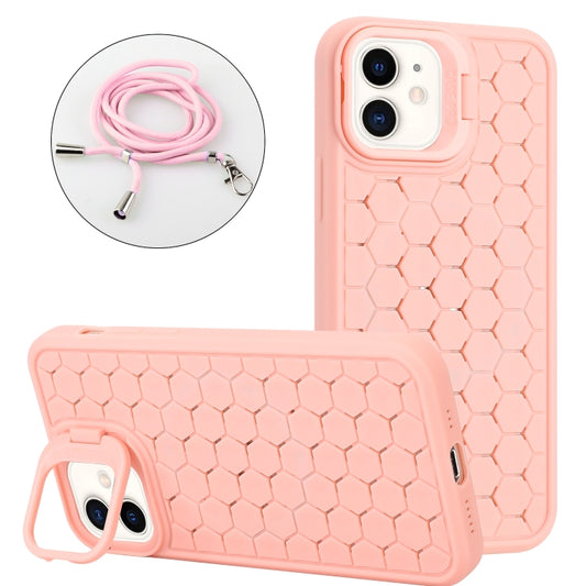 For iPhone 11 Honeycomb Radiating Lens Holder Magsafe Phone Case with Lanyard(Pink) - iPhone 11 Cases by buy2fix | Online Shopping UK | buy2fix