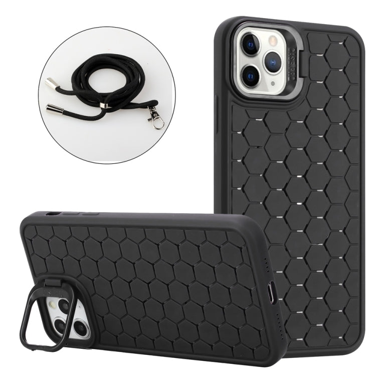 For iPhone 16 Pro Honeycomb Radiating Lens Holder Magsafe Phone Case with Lanyard(Black) - iPhone 16 Pro Cases by buy2fix | Online Shopping UK | buy2fix