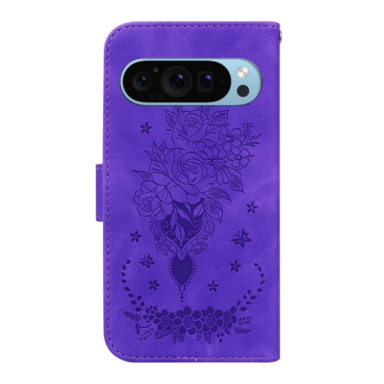 For Google Pixel 9 Pro Butterfly Rose Embossed Leather Phone Case(Purple) - Google Cases by buy2fix | Online Shopping UK | buy2fix