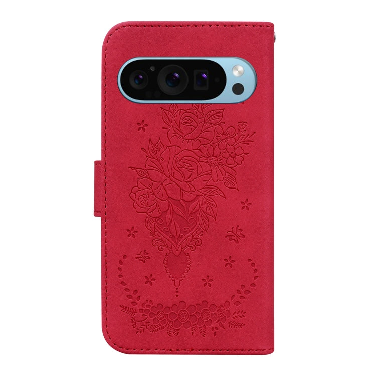 For Google Pixel 9 Pro Butterfly Rose Embossed Leather Phone Case(Red) - Google Cases by buy2fix | Online Shopping UK | buy2fix