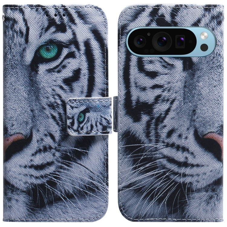 For Google Pixel 9 Coloured Drawing Flip Leather Phone Case(Tiger) - Google Cases by buy2fix | Online Shopping UK | buy2fix