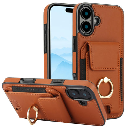 For iPhone 16 Elastic Card Bag Ring Holder Phone Case(Brown) - iPhone 16 Cases by buy2fix | Online Shopping UK | buy2fix