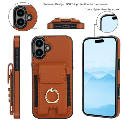 For iPhone 16 Elastic Card Bag Ring Holder Phone Case(Brown) - iPhone 16 Cases by buy2fix | Online Shopping UK | buy2fix