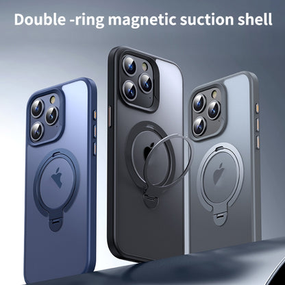 For iPhone 15 Pro Max Double Ring MagSafe Magnetic Holder Phone Case(Matte Grey) - iPhone 15 Pro Max Cases by buy2fix | Online Shopping UK | buy2fix