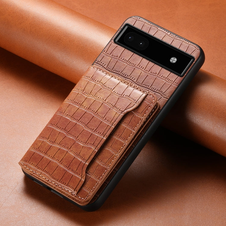 For Google Pixel 6a Crocodile Texture Card Bag Design Full Coverage Phone Case(Brown) - Google Cases by buy2fix | Online Shopping UK | buy2fix