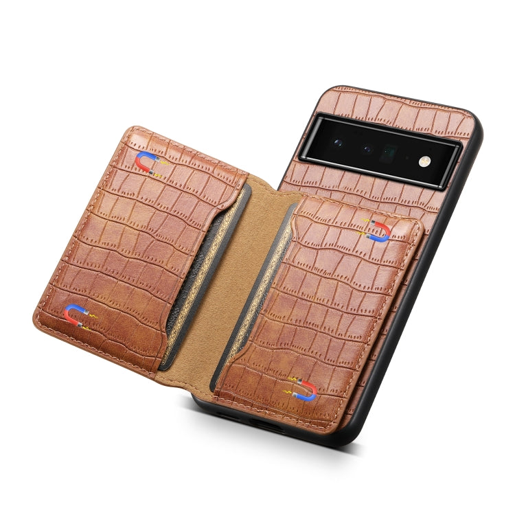 For Google Pixel 6 Pro Crocodile Texture Card Bag Design Full Coverage Phone Case(Brown) - Google Cases by buy2fix | Online Shopping UK | buy2fix