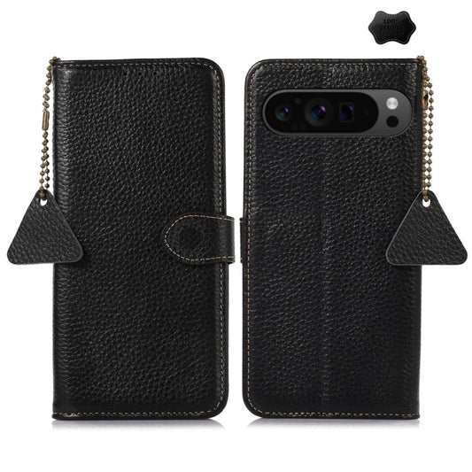 For Google Pixel 9 Pro Genuine Leather Litchi Texture RFID Leather Phone Case(Black) - Google Cases by buy2fix | Online Shopping UK | buy2fix