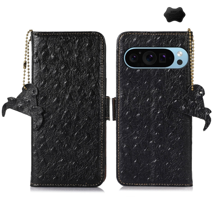 For Google Pixel 9 Ostrich Pattern Genuine Leather RFID Phone Case(Black) - Google Cases by buy2fix | Online Shopping UK | buy2fix