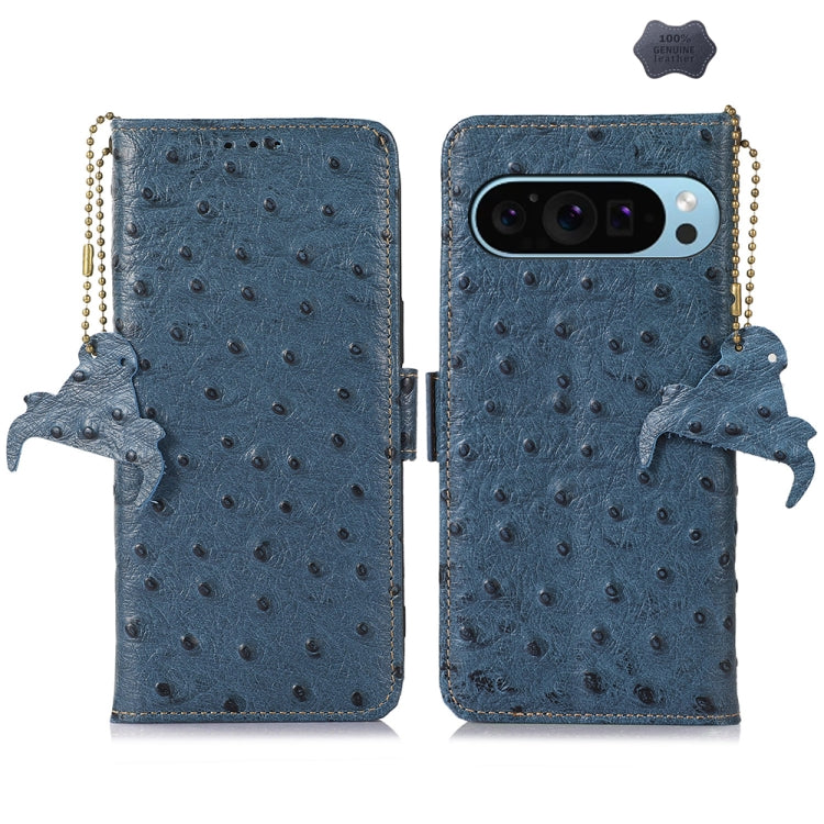 For Google Pixel 9 Ostrich Pattern Genuine Leather RFID Phone Case(Blue) - Google Cases by buy2fix | Online Shopping UK | buy2fix