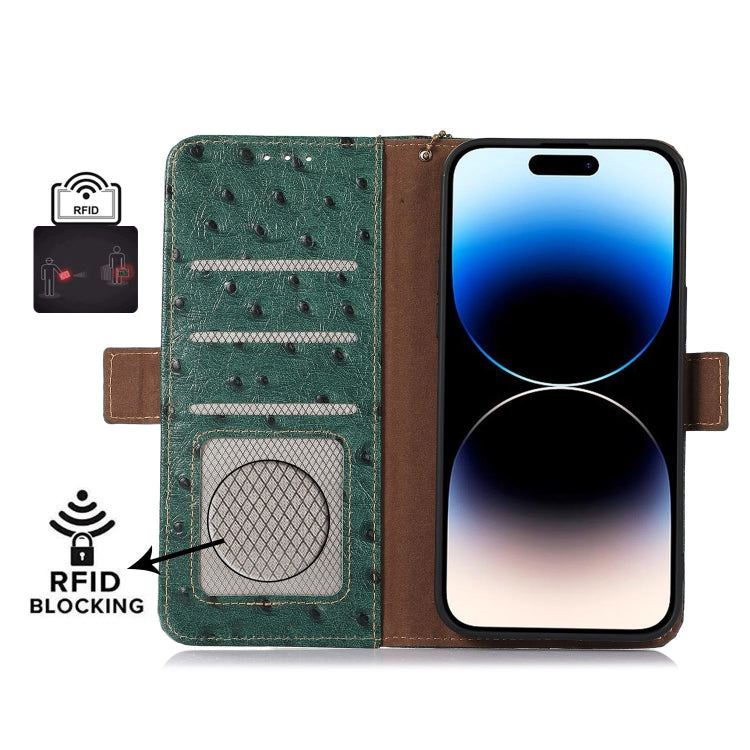 For Google Pixel 9 Pro Ostrich Pattern Genuine Leather RFID Phone Case(Green) - Google Cases by buy2fix | Online Shopping UK | buy2fix