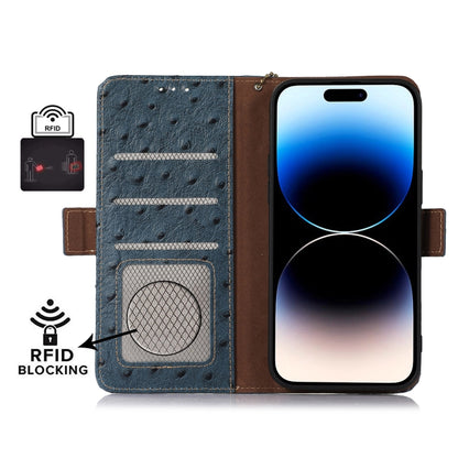 For Google Pixel 9 Pro Ostrich Pattern Genuine Leather RFID Phone Case(Blue) - Google Cases by buy2fix | Online Shopping UK | buy2fix