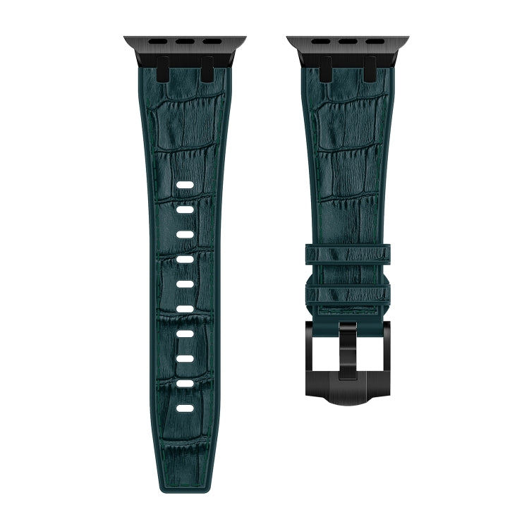 For Apple Watch 42mm Crocodile Texture Liquid Silicone Watch Band(Black Deep Green) - Watch Bands by buy2fix | Online Shopping UK | buy2fix