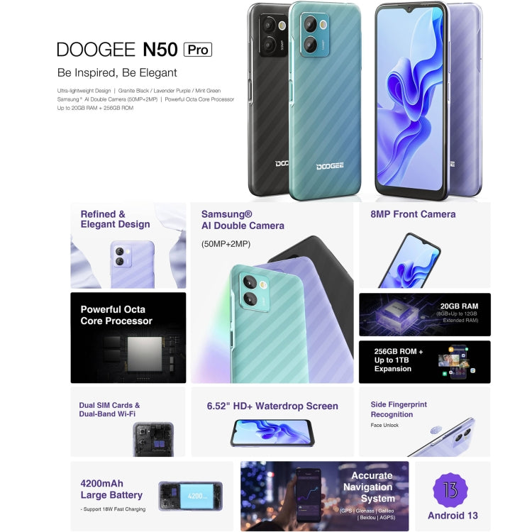 DOOGEE N50 Pro, 8GB+256GB, Side Fingerprint, 6.52 inch Android 13 Spreadtrum T606 Octa Core 1.6GHz, Network: 4G, OTG(Green) - DOOGEE by DOOGEE | Online Shopping UK | buy2fix