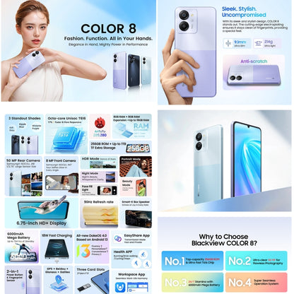 [HK Warehouse] Blackview COLOR 8, 8GB+256GB, Fingerprint & Face Identification, 6.75 inch Android 13 Unisoc T616 Octa Core up to 2.2GHz, Network: 4G, OTG(Ripple Blue) - Blackview by Blackview | Online Shopping UK | buy2fix