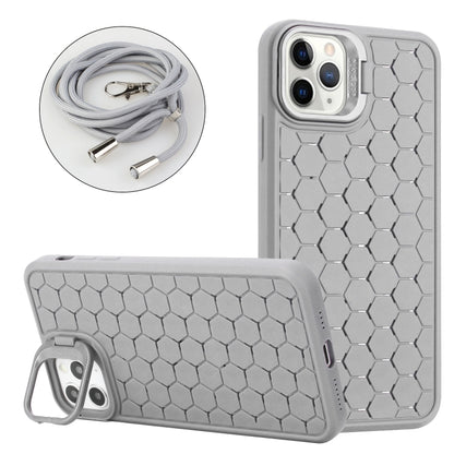 For iPhone 16 Pro Honeycomb Radiating Holder TPU Phone Case with Lanyard(Grey) - iPhone 16 Pro Cases by buy2fix | Online Shopping UK | buy2fix