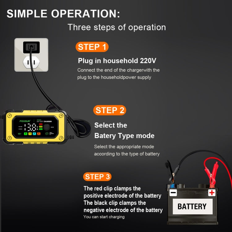 FOXSUR 7A 12V Car / Motorcycle Smart Battery Charger, Plug Type:UK Plug(Yellow) - Battery Charger by FOXSUR | Online Shopping UK | buy2fix