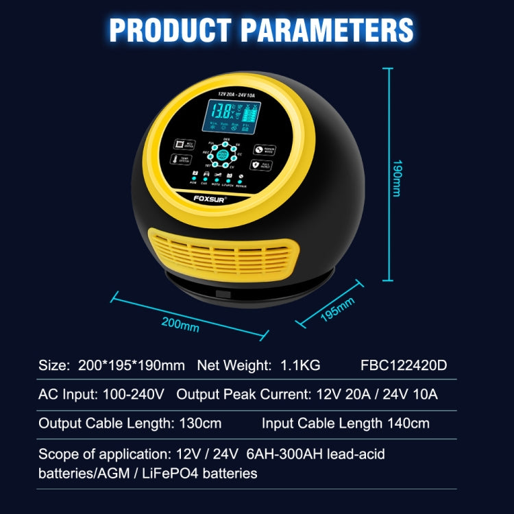 FOXSUR 20A 12V 24V Car / Motorcycle Smart Battery Charger, Plug Type:US Plug(Yellow) - Battery Charger by FOXSUR | Online Shopping UK | buy2fix