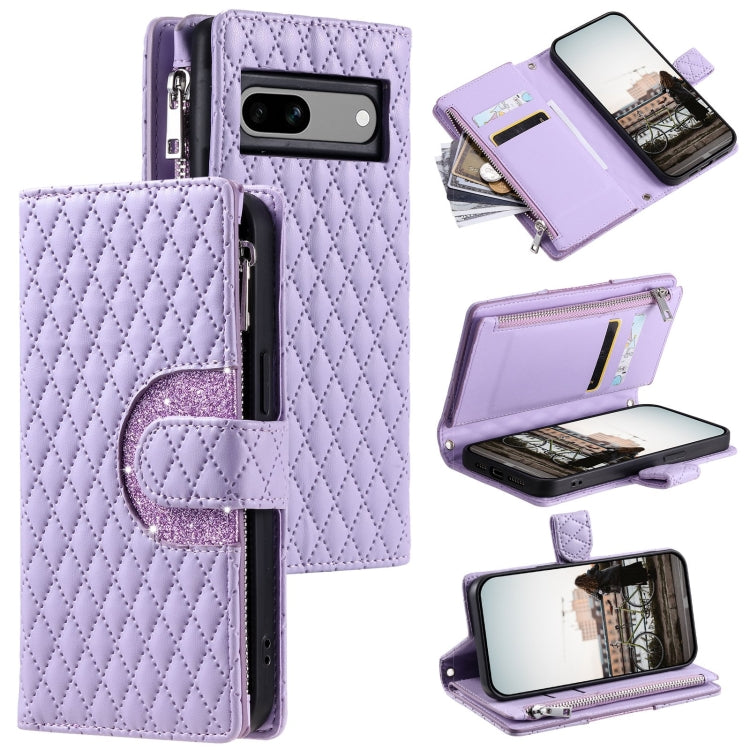 For Google Pixel 7a Glitter Lattice Zipper Wallet Leather Phone Case(Purple) - Google Cases by buy2fix | Online Shopping UK | buy2fix