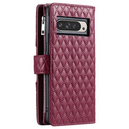 For Google Pixel 9 Pro XL Glitter Lattice Zipper Wallet Leather Phone Case(Wine Red) - Google Cases by buy2fix | Online Shopping UK | buy2fix