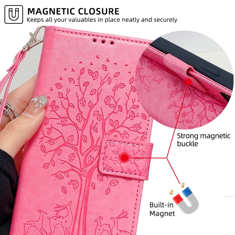 For OnePlus 11 Tree & Deer Embossed Leather Phone Case(Pink) - OnePlus Cases by buy2fix | Online Shopping UK | buy2fix