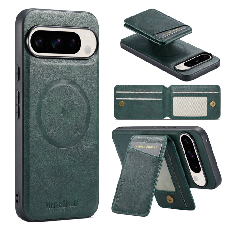 For Google Pixel 9 Pro Fierre Shann Oil Wax Cow Leather Magnetic Card Holder Phone Case(Green) - Google Cases by FIERRE SHANN | Online Shopping UK | buy2fix