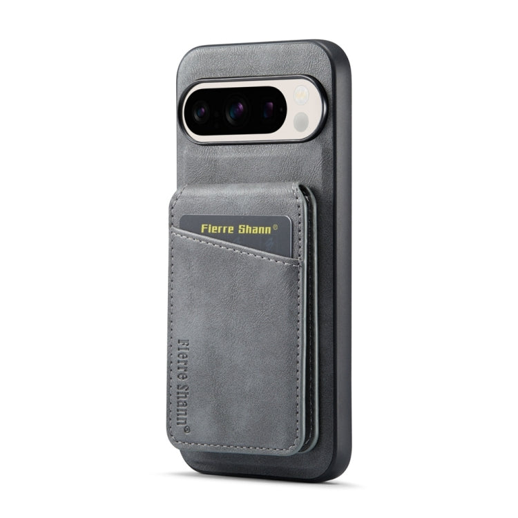 For Google Pixel 9 Fierre Shann Oil Wax Cow Leather Magnetic Card Holder Phone Case(Grey) - Google Cases by FIERRE SHANN | Online Shopping UK | buy2fix