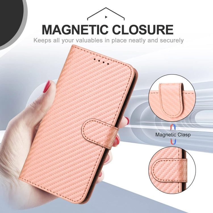 For iPhone 16 Plus YX0070 Carbon Fiber Buckle Leather Phone Case with Lanyard(Pink) - iPhone 16 Plus Cases by buy2fix | Online Shopping UK | buy2fix