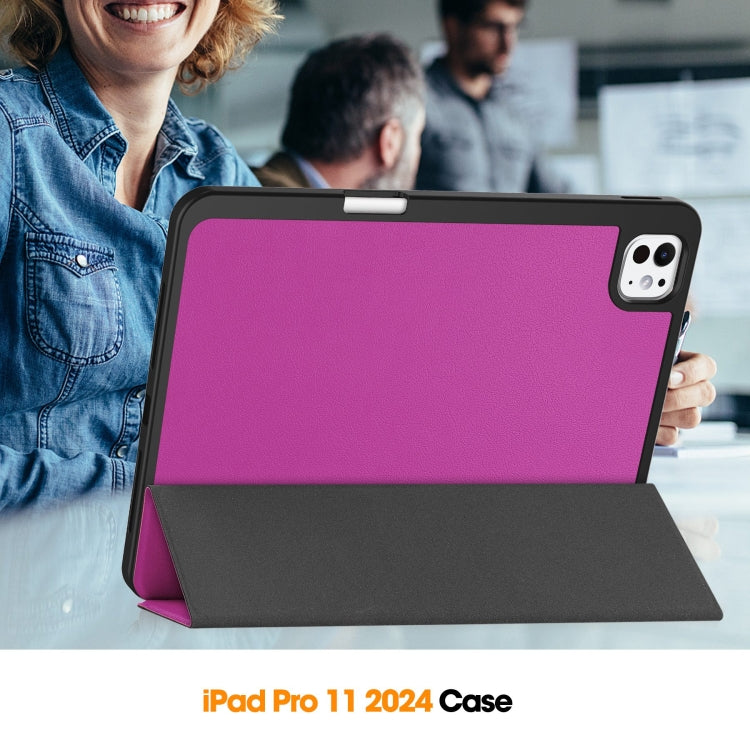 For iPad Pro 11 2024 Custer TPU Pure Color 3-Fold Holder Smart Leather Tablet Case with Pen Tray(Purple) - iPad Pro 11 2024 Cases by buy2fix | Online Shopping UK | buy2fix