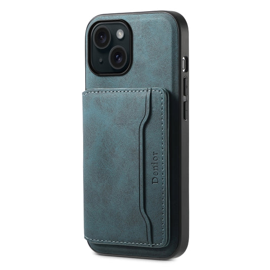 For iPhone 15 Denior D13 Retro Texture Leather MagSafe Card Bag Phone Case(Blue) - iPhone 15 Cases by Denior | Online Shopping UK | buy2fix