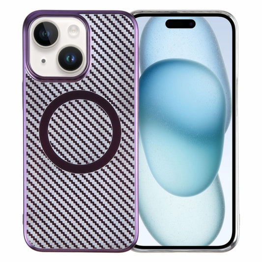 For iPhone 15 6D Plated Carbon Fiber Clear Magsafe PC Phone Case(Aurora Purple) - iPhone 15 Cases by buy2fix | Online Shopping UK | buy2fix