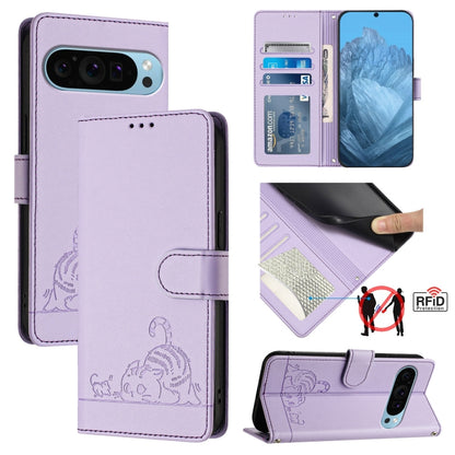 For Google Pixel 9 / 9 Pro Cat Rat Embossed Pattern RFID Leather Phone Case with Lanyard(Purple) - Google Cases by buy2fix | Online Shopping UK | buy2fix