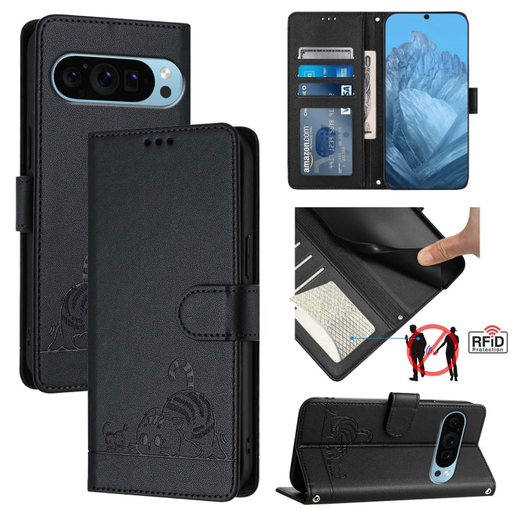 For Google Pixel 9 Pro XL Cat Rat Embossed Pattern RFID Leather Phone Case with Lanyard(Black) - Google Cases by buy2fix | Online Shopping UK | buy2fix