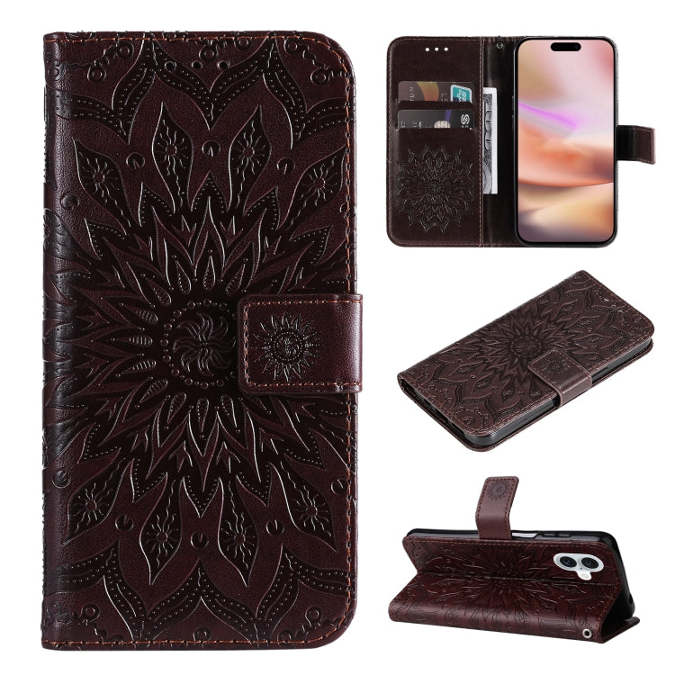 For iPhone 16 Plus Embossed Sunflower Pattern Flip Leather Phone Case(Brown) - iPhone 16 Plus Cases by buy2fix | Online Shopping UK | buy2fix