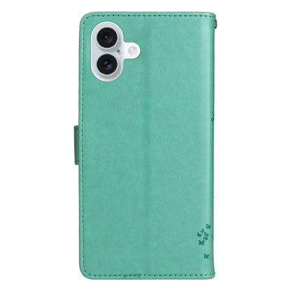 For iPhone 16 Plus Tree & Cat Embossed Pattern Flip Leather Phone Case(Green) - iPhone 16 Plus Cases by buy2fix | Online Shopping UK | buy2fix