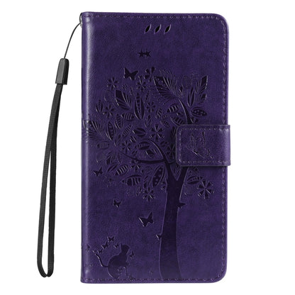 For iPhone 16 Plus Tree & Cat Embossed Pattern Flip Leather Phone Case(Purple) - iPhone 16 Plus Cases by buy2fix | Online Shopping UK | buy2fix