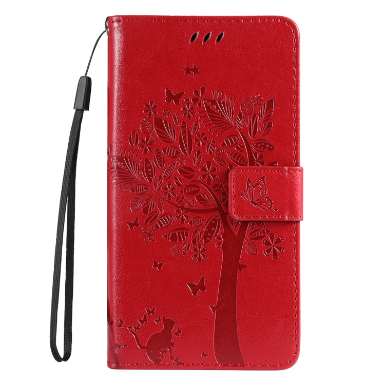 For iPhone 16 Tree & Cat Embossed Pattern Flip Leather Phone Case(Red) - iPhone 16 Cases by buy2fix | Online Shopping UK | buy2fix