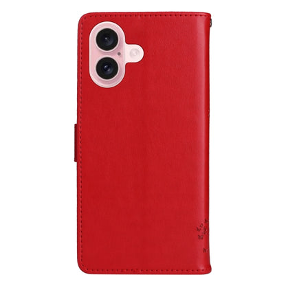 For iPhone 16 Tree & Cat Embossed Pattern Flip Leather Phone Case(Red) - iPhone 16 Cases by buy2fix | Online Shopping UK | buy2fix