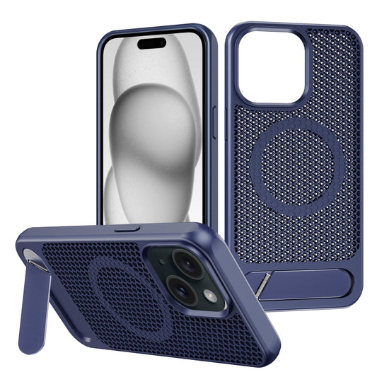 For iPhone 14 Plus / 15 Plus Honeycomb Cooling MagSafe Phone Case with Invisible Holder(Blue) - iPhone 14 Plus Cases by buy2fix | Online Shopping UK | buy2fix