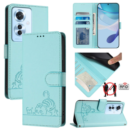 For OPPO Reno11 F 5G Global Cat Rat Embossed Pattern RFID Leather Phone Case with Lanyard(Mint Green) - Reno11 F Cases by buy2fix | Online Shopping UK | buy2fix