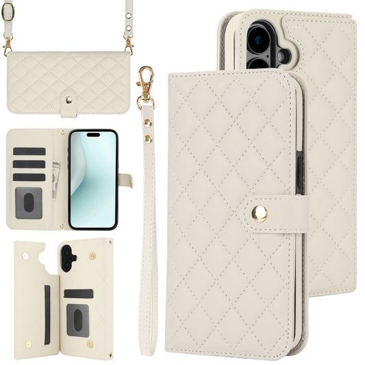 For iPhone 16 Crossbody Multifunction Rhombic Leather Phone Case(White) - iPhone 16 Cases by buy2fix | Online Shopping UK | buy2fix