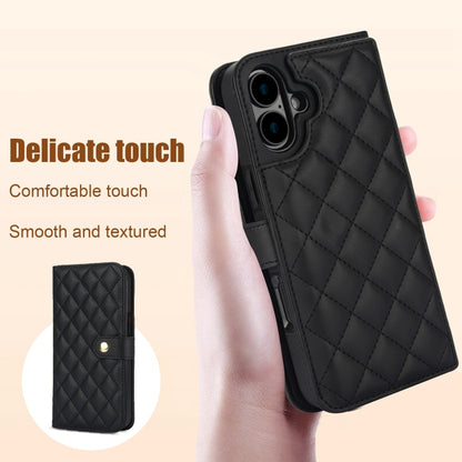 For iPhone 16 Crossbody Multifunction Rhombic Leather Phone Case(Black) - iPhone 16 Cases by buy2fix | Online Shopping UK | buy2fix