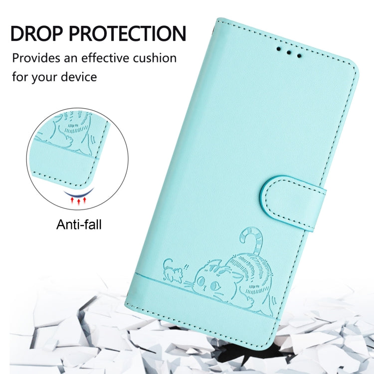 For OnePlus 12 5G Global Cat Rat Embossed Pattern RFID Leather Phone Case with Lanyard(Mint Green) - OnePlus Cases by buy2fix | Online Shopping UK | buy2fix