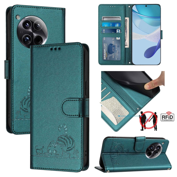 For OnePlus 12 5G Global Cat Rat Embossed Pattern RFID Leather Phone Case with Lanyard(Peacock Green) - OnePlus Cases by buy2fix | Online Shopping UK | buy2fix